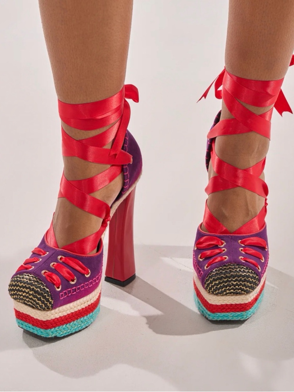 AKIRA GOLD FONTEYN RED MULTI CHUNKY PLATFORM LACE UP PUMP